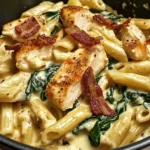 Creamy Garlic Chicken Bacon Penne with Spinach