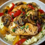 Garlic Butter Chicken with Mushrooms, Peppers & Mashed Potatoes