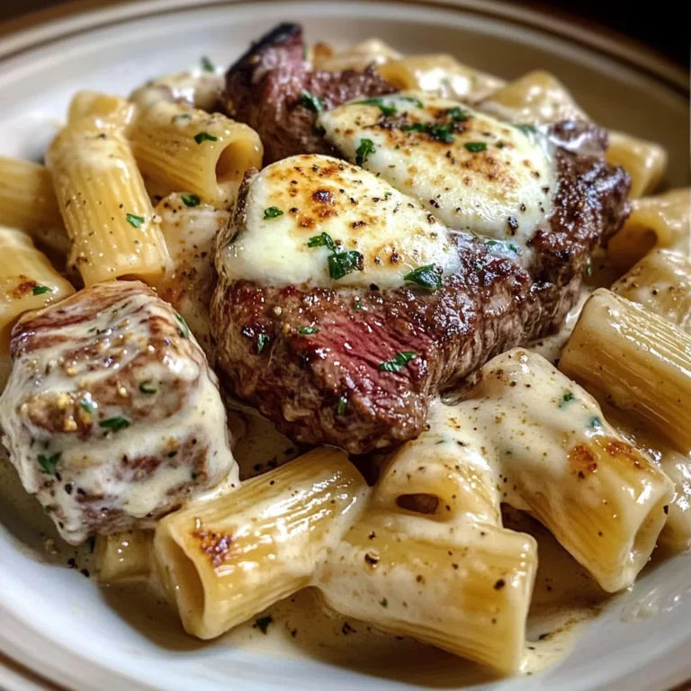 Garlic Cream Steak with Rigatoni in Provolone Cream Sauce