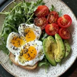 Poached Egg & Arugula Salad with Avocado, Tomato & Cream Cheese Toast