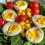 Spinach Salad with Soft-Boiled Eggs, Cherry Tomatoes, Corn & Creamy Dressing