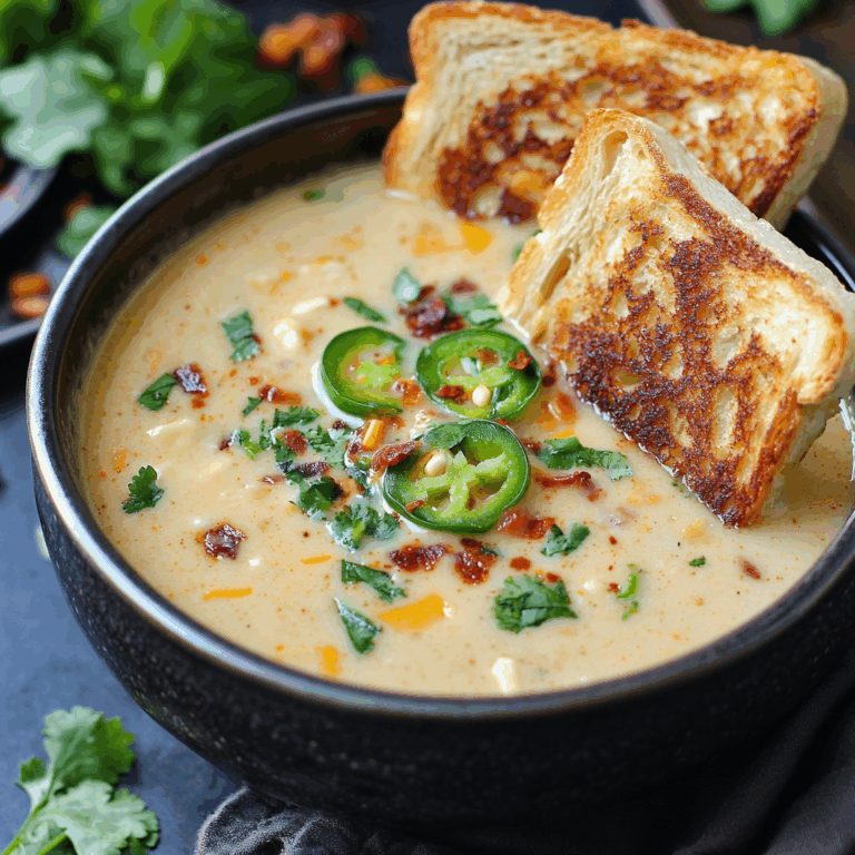 Spicy Jalapeño Popper Soup with Grilled Cheese Dippers
