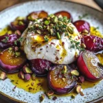 Burrata with Roasted Plums, Pistachios & Thyme