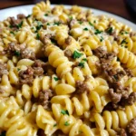 Cheesy Rotini with Garlic Butter Sauce and Ground Beef