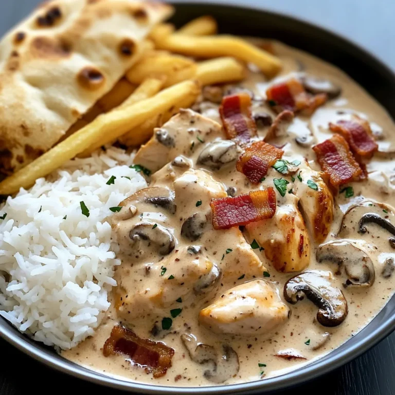Creamy Chicken & Bacon Stroganoff with Garlic Naan, Rice & Crispy Fries