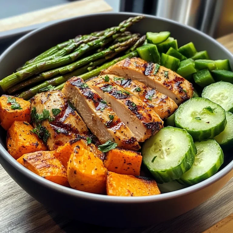 Grilled Chicken Bowl with Sweet Potato, Asparagus & Cucumber Medley