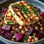 Halloumi with Lemony Lentils, Chickpeas and Beets