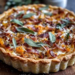 Pumpkin, Ricotta & Caramelized Onion Tart with Turkey Bacon and Sage