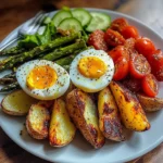 Roasted Potato Wedges with Asparagus, Jammy Eggs & Fresh Garden Salad