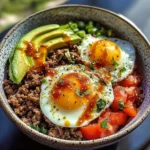 Spicy Avocado & Beef Protein Bowl with Fried Eggs