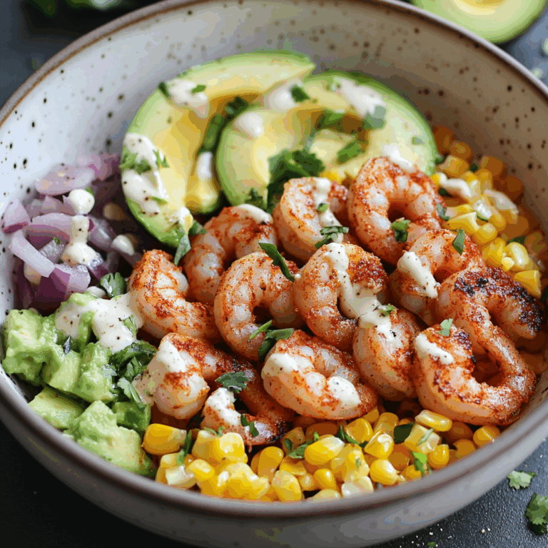 Grilled Shrimp Bowl with Avocado, Corn Salsa & Creamy Garlic Sauce