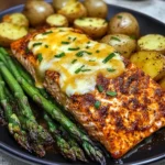 Baked Cajun Salmon with Cheesy Asparagus & Garlic Potatoes