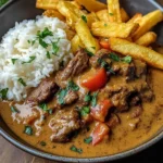 Slow-Cooked Beef Coconut Curry with Rice & Crispy Fries