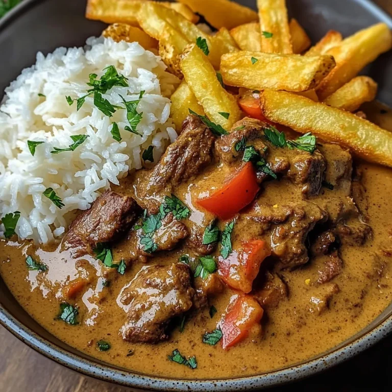 Slow-Cooked Beef Coconut Curry with Rice & Crispy Fries